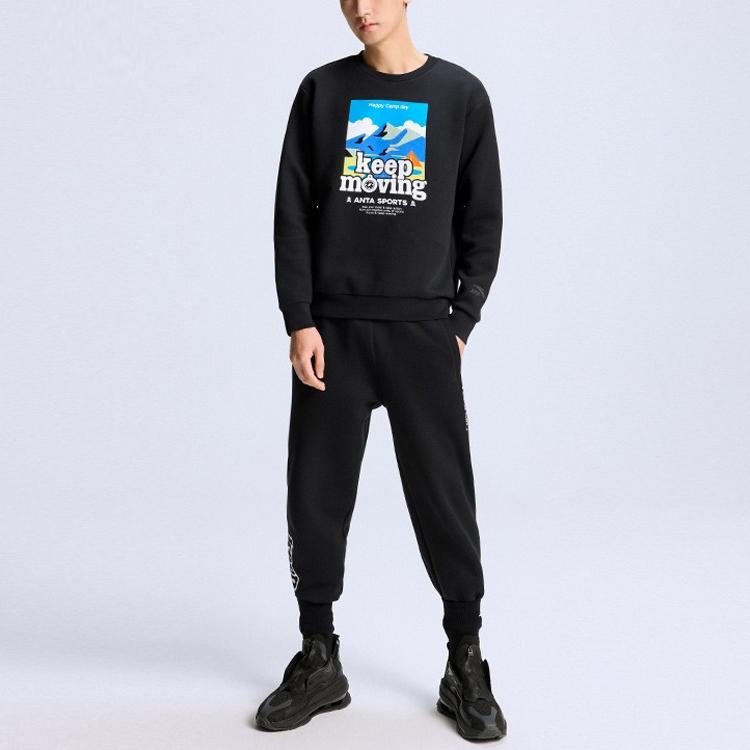 Anta Свободный пуловер с круглым вырезом Life Series с принтом, мужские топы, черный 152218701-3