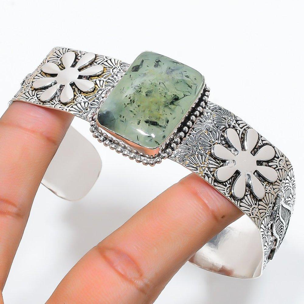 Браслет-манжета из серебра 925 пробы с драгоценными камнями пренита, регулируемый u9o34