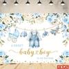 A background banner for a photo of a baby boy - blue floral watercolor in pink and sky blue.