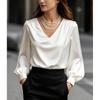 Новинка 2025 года, блузка с рукавами-буфами в французском стиле, с V-образным вырезом, атласная, с длинными рукавами, для женщин