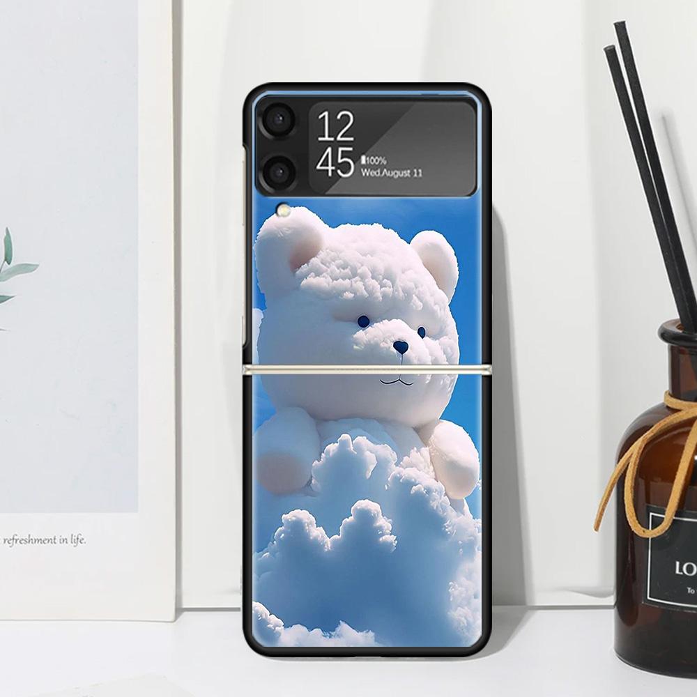 Sunny Clouds Teddy Bear Phone Case Cover for Samsung Galaxy Z Flip 7 6 5 4 3 5G Flip3 Flip4 Flip5 ZFlip6 ZFlip7 Black Fundas Cle