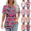 Women's Valentine's Day Love Heart Print Short Sleeve Loose Round Neck Pleated Top