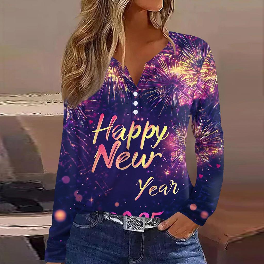 Жен. Футболка Футболка С принтом Пуговицы Длинный рукав Повседневные Выходные Мода Классический V-образный вырез Обычный Верх