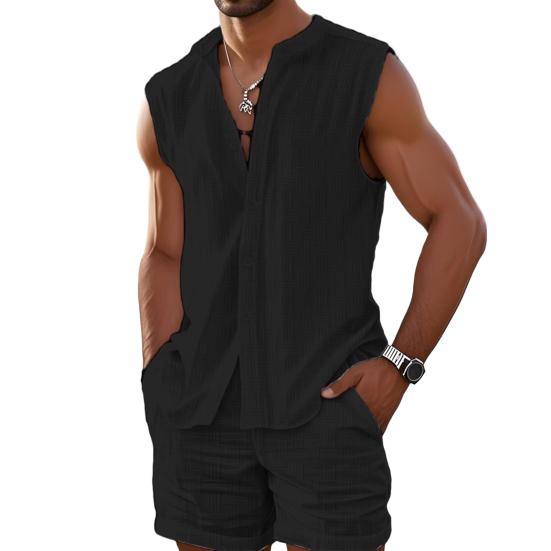 2 шт./комплект мужской летний наряд воротник-стойка без рукавов пуговицы планка рубашка топы широкие шорты комплект из двух частей костюм