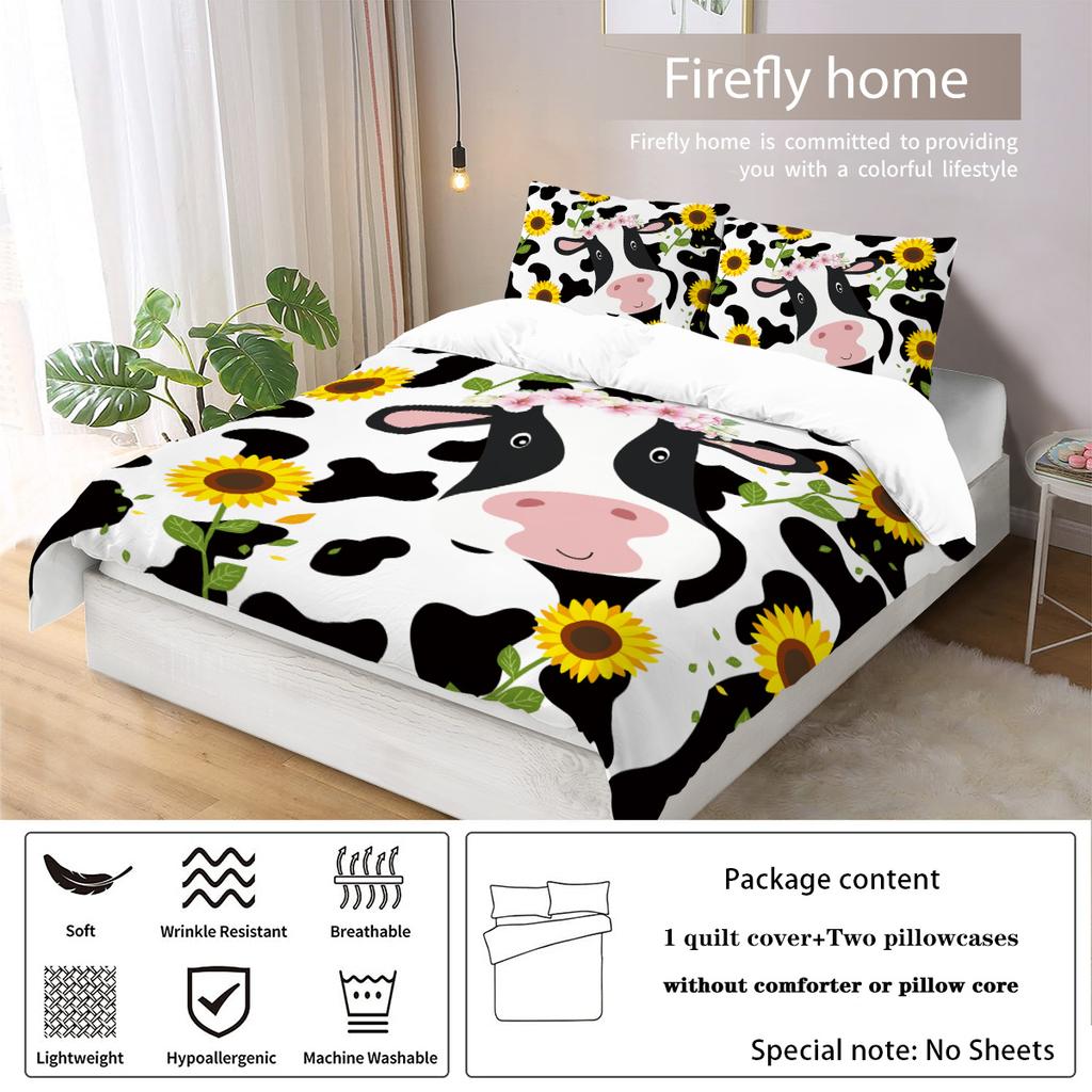 Комплект из 3 предметов пуховый пододеяльник с принтом коровьего и цветочного узора в деревенском фермерском стиле (1 пододеяльник+2 наволочки, без наполнителя) комплект постельного белья