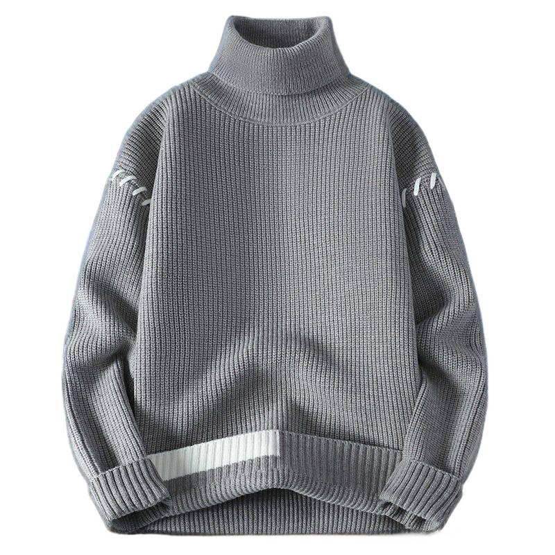 Мужской свитер крупной вязки с высоким воротником - Модный повседневный топ с длинным рукавом однотонной расцветки