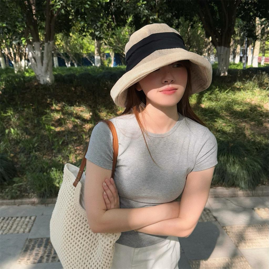 Japanese Cotton And Linen Big Eaves Bucket Hat For Women'S Summer Outdoor Sun Protection, Small Foldable Sun Hat