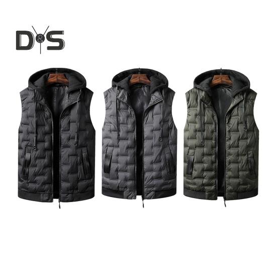Men Cotton Vest with Removable Hood Drawstring Decoration Sleeveless Waistcoat Solid Color Zipper Placket Vest Coat