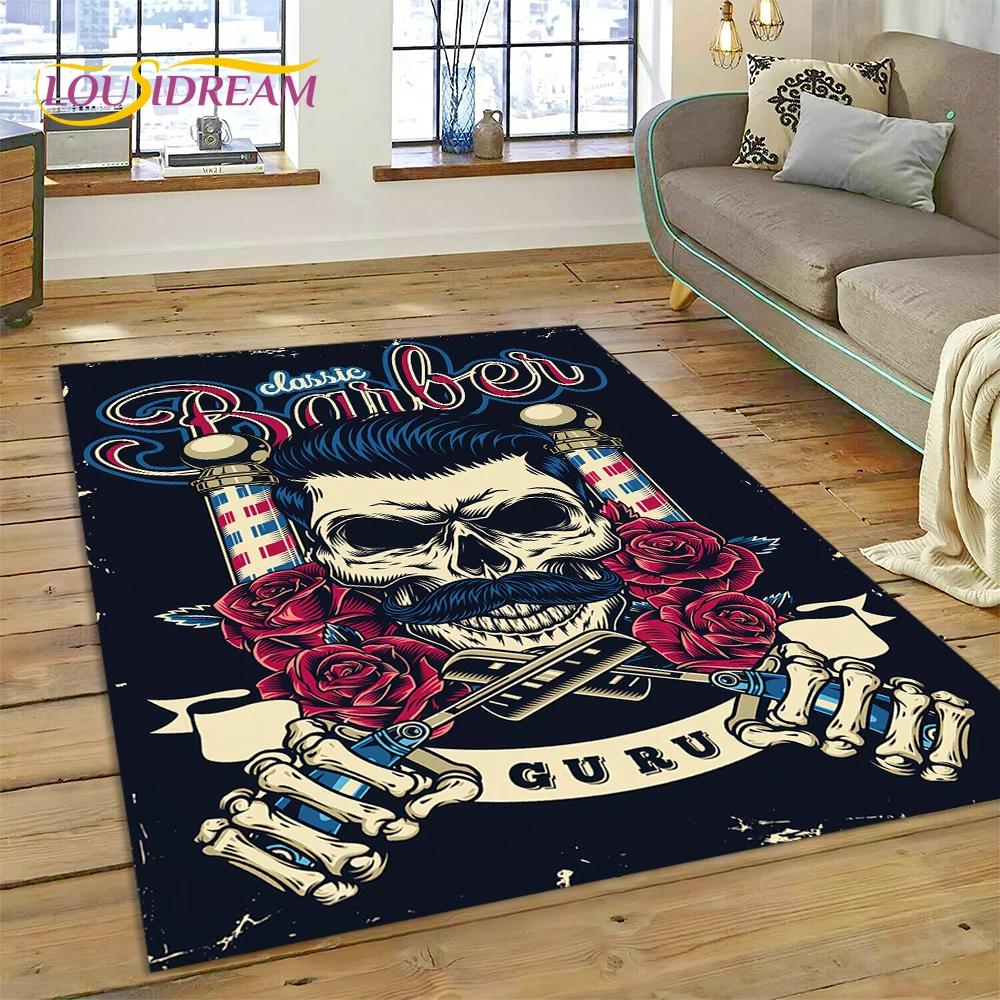 Модный логотип парикмахерской Череп Винтажный ковер-циновка для спальни, гостиной, дома, украшение для дивана, большой игровой коврик для ребенка