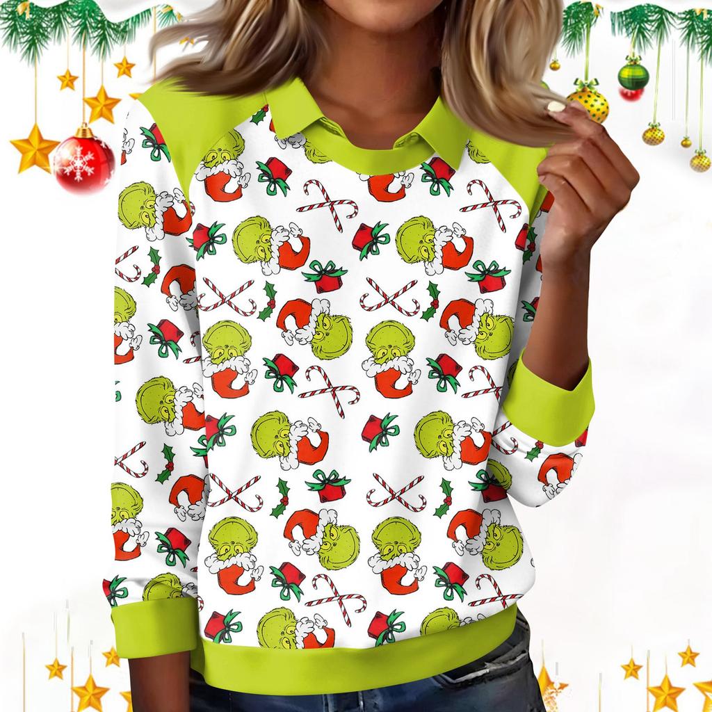 Women's Fashion Christmas Print Lapel Long Sleeve Casual Crewneck T-Shirt Top