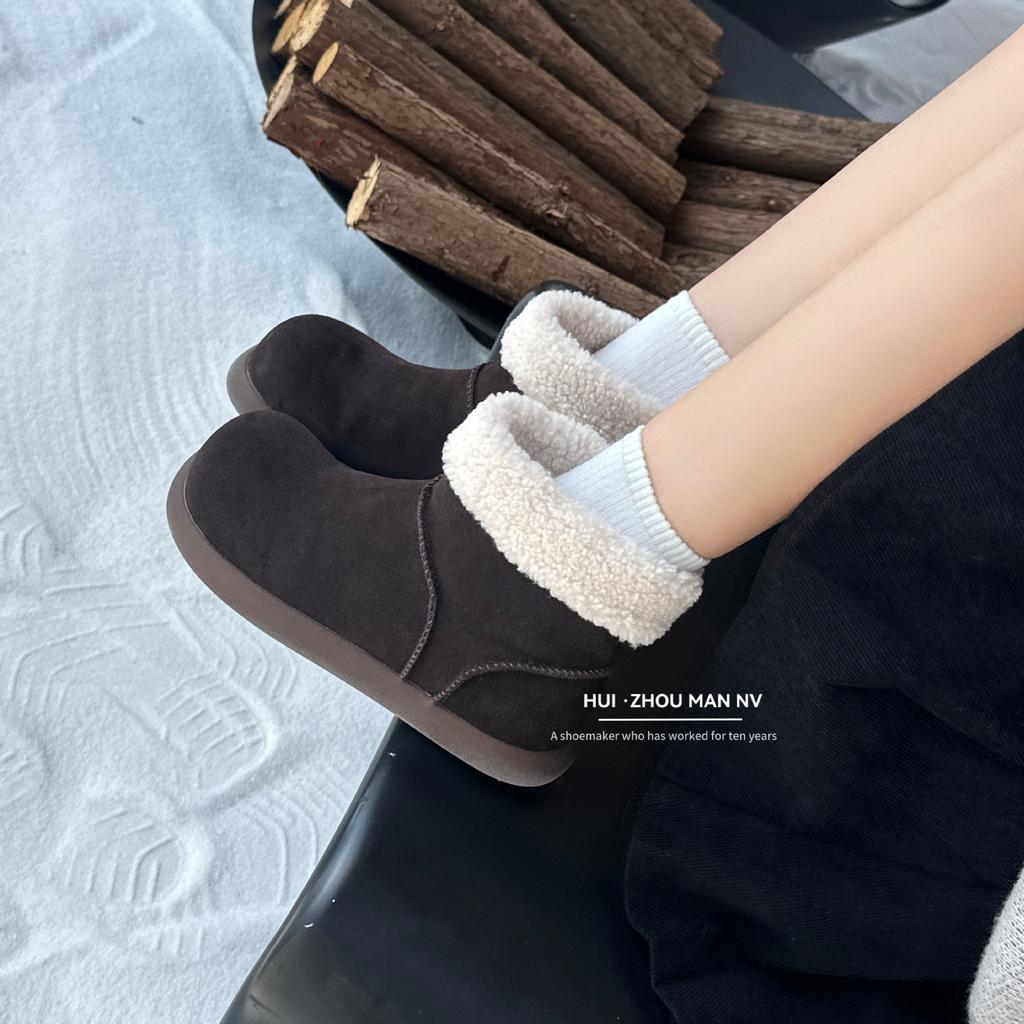 Cowhide Version~ Retro Round Head Ugly Cute Short Boots Women's Velvet Low-top Snow Boots Warm Large Cotton Shoes Thick-soled Fluffy Boots