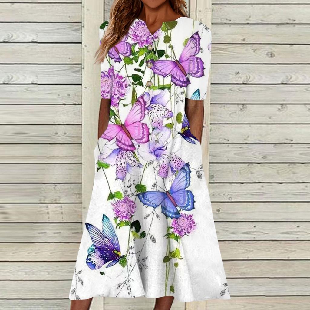 Women's Summer Casual Printed V-Neck Short-Sleeve Swing Dress