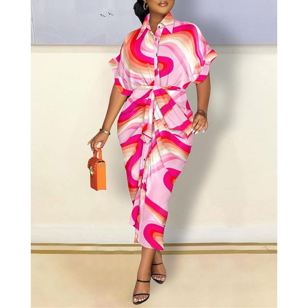 IHUASU Autumn Long Sleeve V-neck Button-up Print Shirt Dress Long Skirt Women