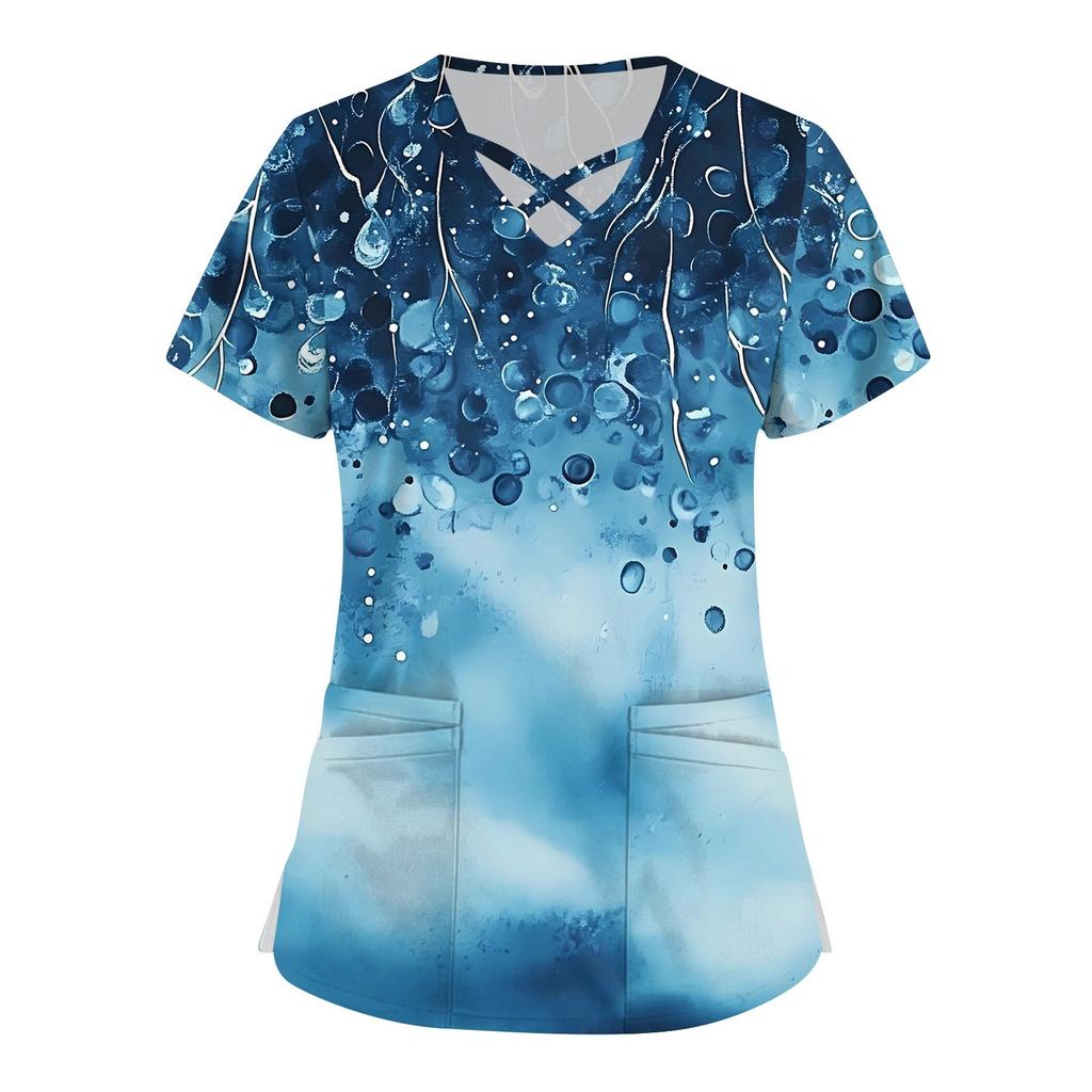 Women's Short Sleeve Stagger V Neck Print Pocket Dry-nurse Top