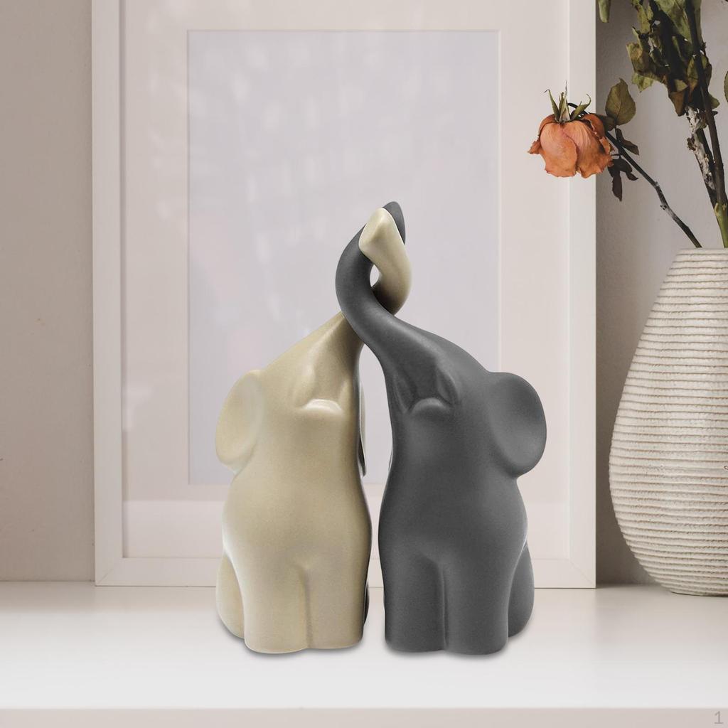 2x Couple Elephant Sculptures Desktop Ornaments Ceramic Animal Statues Decorative Figurines for Desk