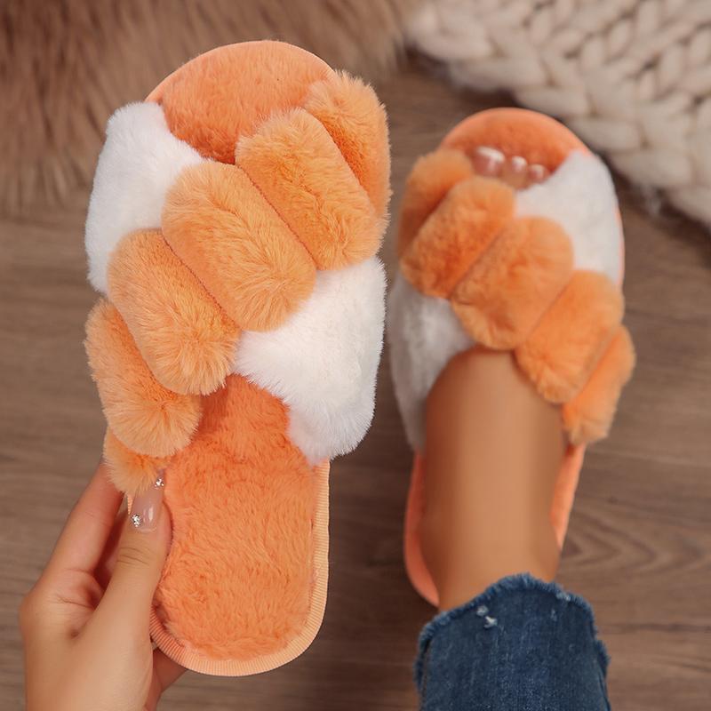 Модные тапочки из меха смешанных цветов для женщин Осень Зима 2025 Мягкая подошва Длинный плюш Для дома и улицы Шлепанцы Женские Пушистые Уютные