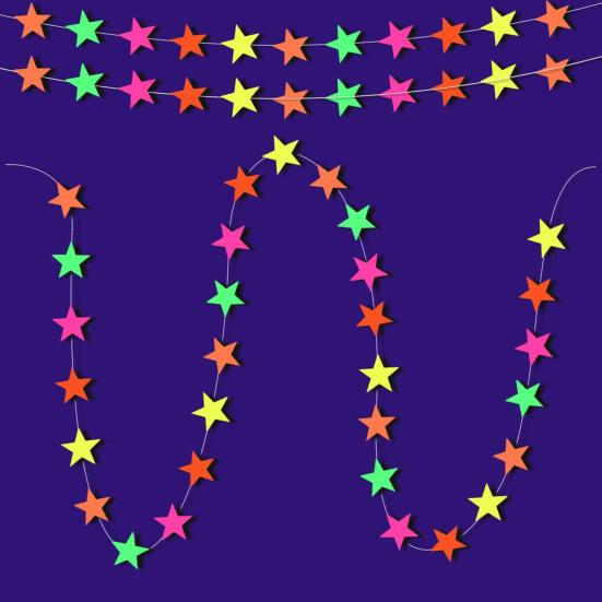 UV Neon Party Decoration Fluorescent Star Heart Circle Dot Garland Glow In The Dark Hanging Streamers Banner for Baby Bridal Shower Birthday Decor
