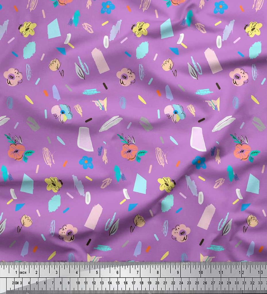 Soimoi Green Japan Crepe Satin Fabric Brush Stroke & Artistic Floral Print Fabric by the Metre 42 Inch