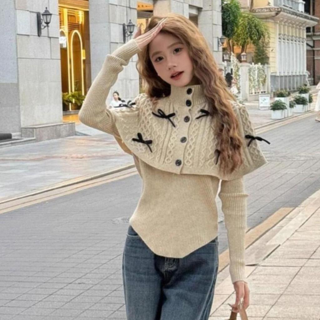 Интеллектуальный корейский повседневный трикотажный комплект шаль и свитер для весны и осени