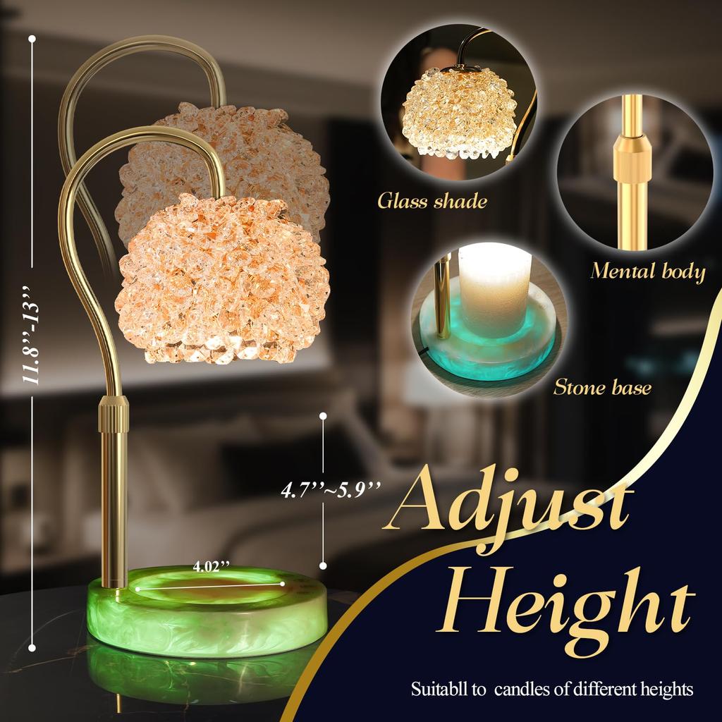 Luxury Smart Touch Candle Warmer Lamp - Dimmable LED Wax Melt Warmer with Crystal Gemstone Shade and Color-Changing Marble Base, VXUNLIOR Candle