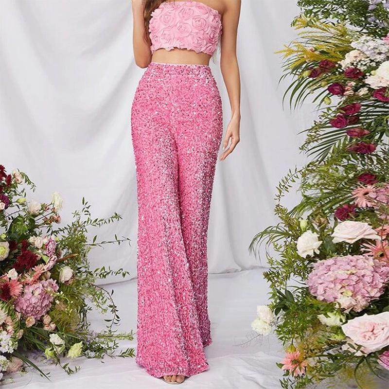 Women Sequin Pants Sparkly Glitter High Waist Shiny Bottoms Casual Fashion Club Party Trousers Holiday Outfits