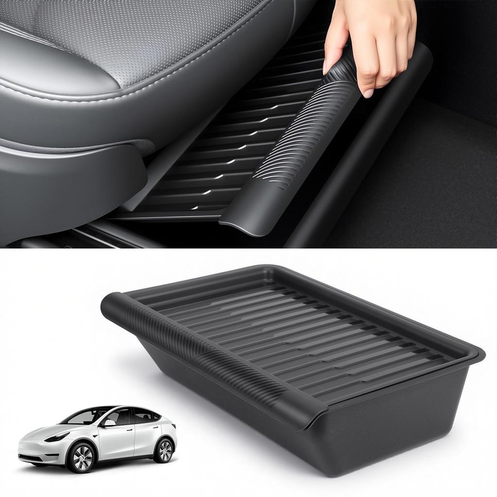 Under Seat Storage Box TPE Hidden Tray Push Pull Space Box with Lid For Tesla Model Y 2020 2021 2022 2023 2024 Juniper 2025-2026