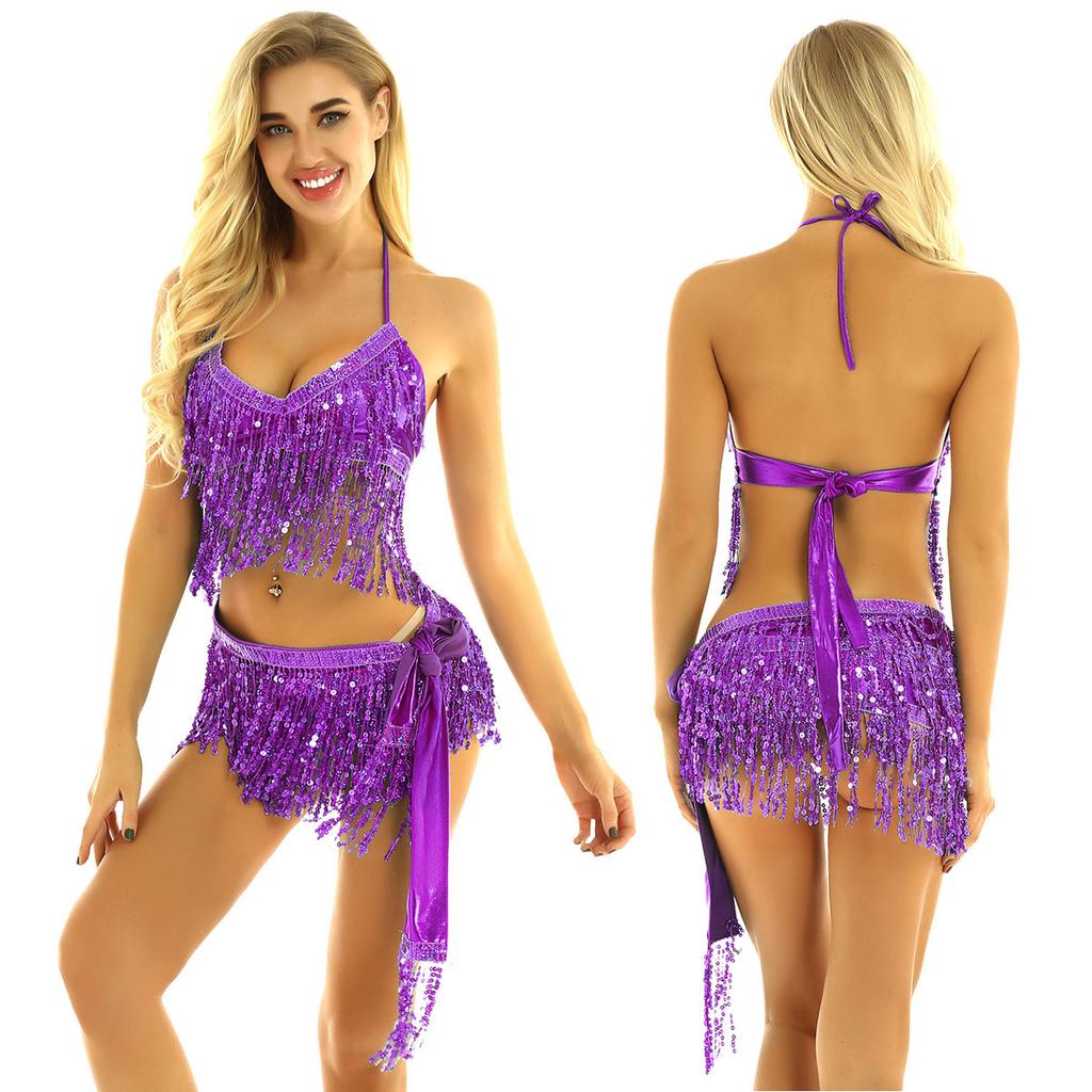 2Pcs Womens Shiny Sequin Tassels Belly Dance Costume Halter Bra Top with Hip Scarf Wrap Skirts Set Ballroom Dancewear