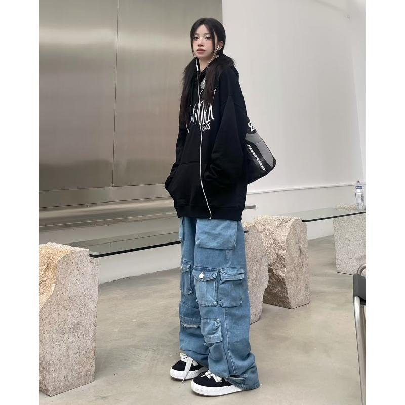 Синие потертые брюки-карго с несколькими карманами Y2k, уличные джинсы с высокой талией в стиле ретро, ​​пара, повседневные широкие брюки в стиле Харадзюку