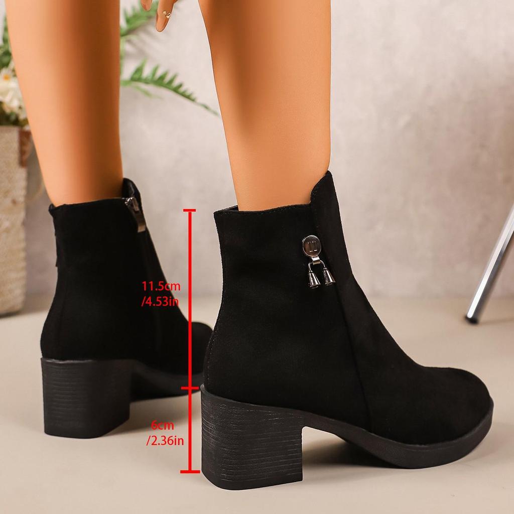 Женские черные замшевые ботильоны на массивном каблуке до щиколотки с боковой молнией – универсальные на среднем каблуке для поездок на работу