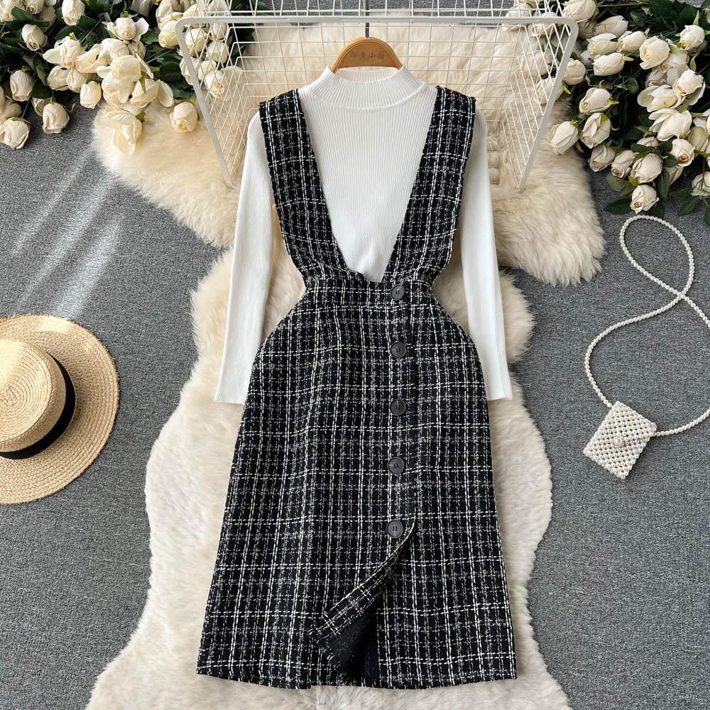 Autumn And Winter Fashionable Knitted Sweater + Bird Check Single-Breasted Straps Skirt Two-Piece Set