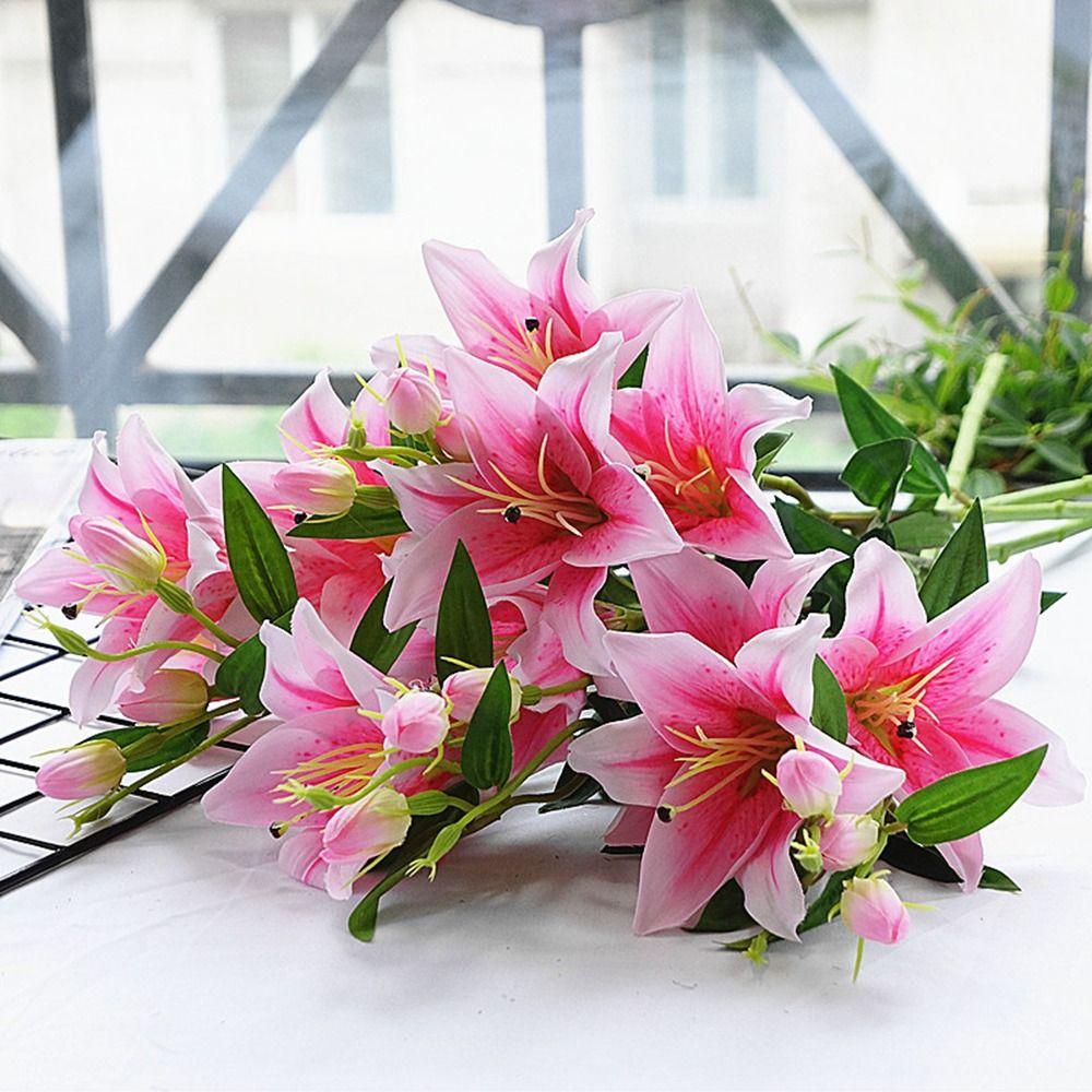 Garden 6 Heads Floral Real Looking Wedding Artificial Flower Faux Lilies Bouquet Branch Fake Plant