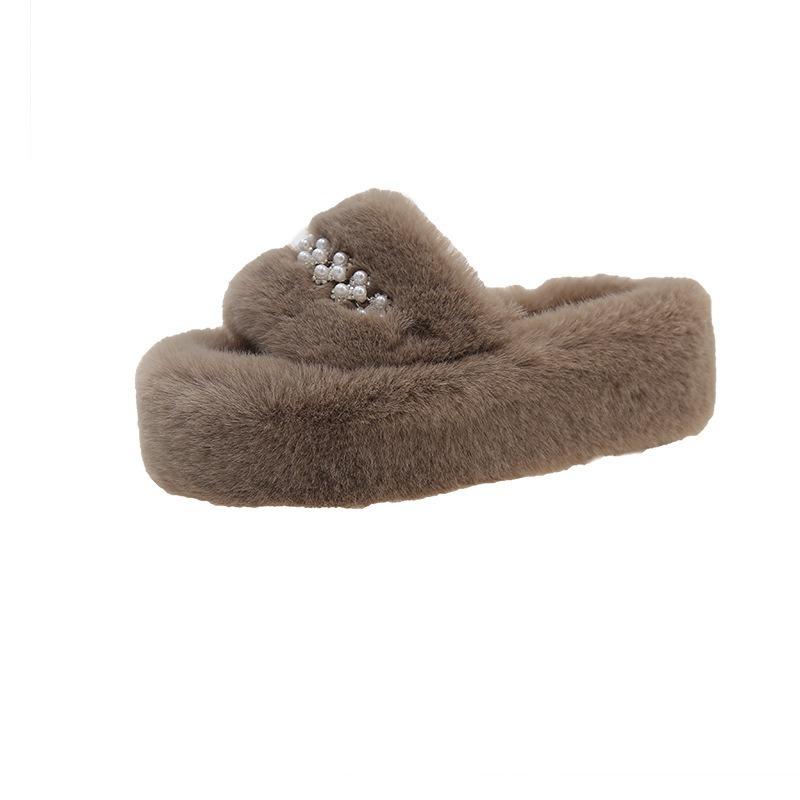 Осень и Зима Новые Жемчужные Сказочные Меховые Тапочки Милые Домашние Толстая Подошва Старшие Меховые Тапочки