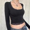 Y2K Style Sexy U-Neck Lace Bow Slimming Long Sleeve T-Shirt for Women