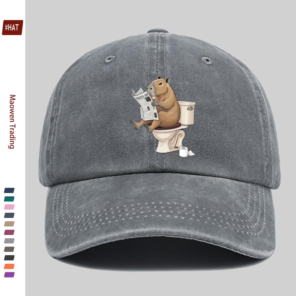 pc Capybara Toilet Illustration Baseball Cap with Reading Newspaper Print Cute Animal Design Comfortable Lightweight Trucker