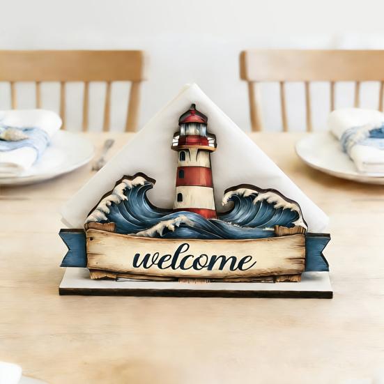 Ocean Themed Wooden Napkin Holder for Table, Summer Coastal Napkin Dispenser, Rustic Tissue Holder for Kitchen, Dining Room