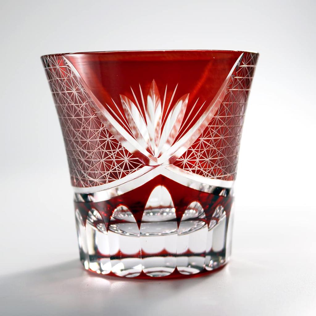GREEM MARKET Crafts with Wooden Box Glasswork Kiriko Glass Cup Shochu Glass Chrysanthemum Tsunagi Pattern Kiriko Glass Product GMS00763 Number (Red)
