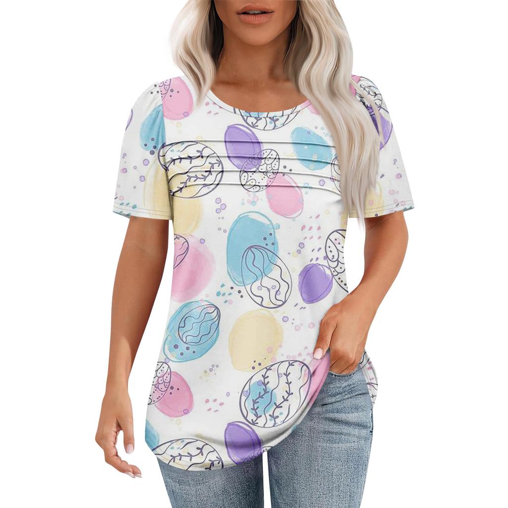 Ladies' Fashionable Printed Round Neck Pleated Short Sleeved Shirt
