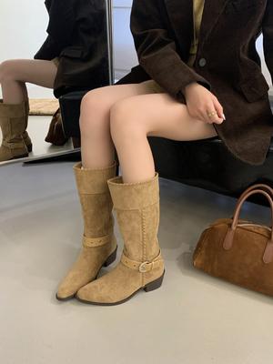 Ретро ботфорты на платформе 2025 осень и зима новая модель толстый каблук пряжка западный ковбой британский стиль рыцарские ботинки повседневные полусапоги