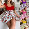 Sexy Women Dress Summer Square Collar Casual Mini Dress Women Elegant Floral Print Patchwork A-Line Party Boho Dress