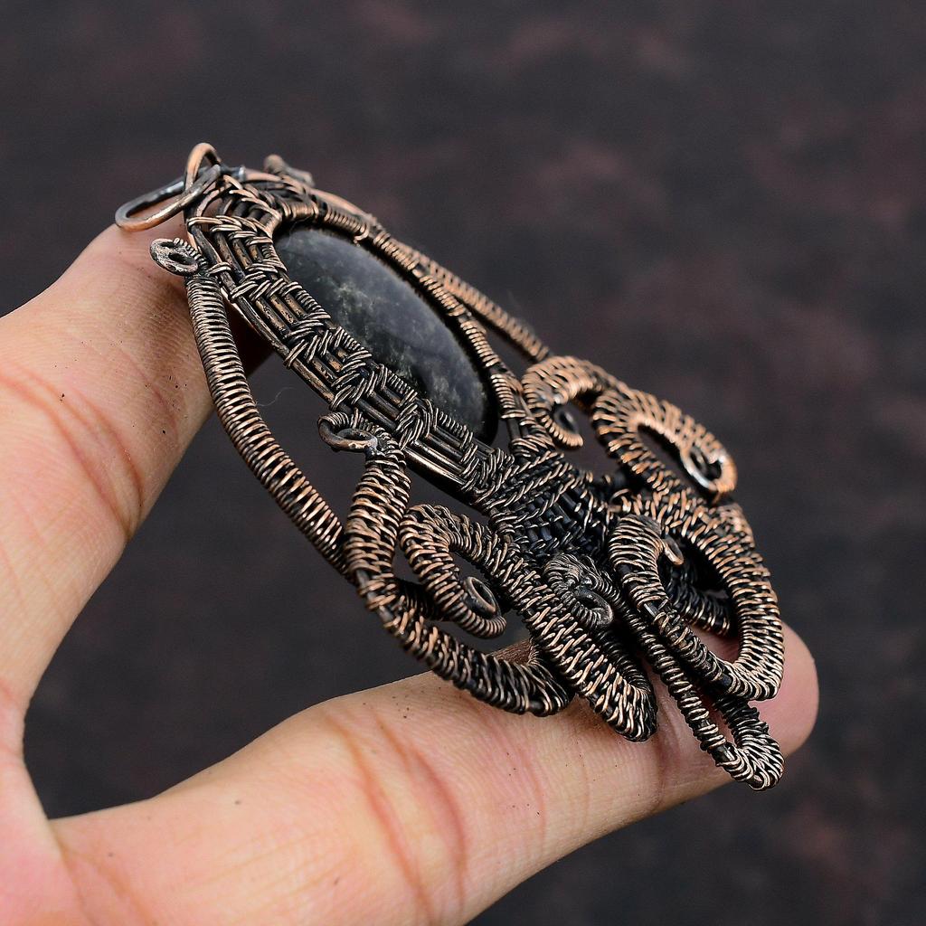 Silver Sheen Obsidian Pendant Copper Wire Wrapped Pendant Handmade Jewelry Gemstone Pendant Copper Wire Jewelry Octopus Pendant Gift For Him