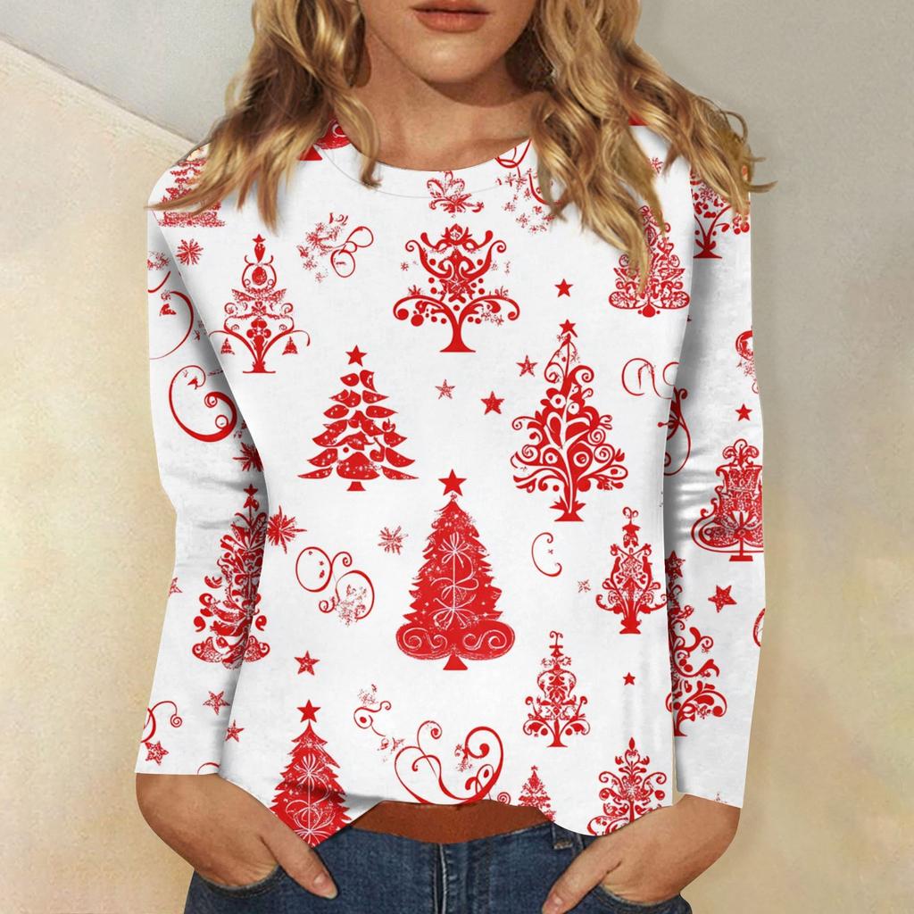 Рубашки с длинным рукавом для женщин Милые принты Футболки Блузки Повседневные Большие размеры Базовые топы Пуловеры Рождественские