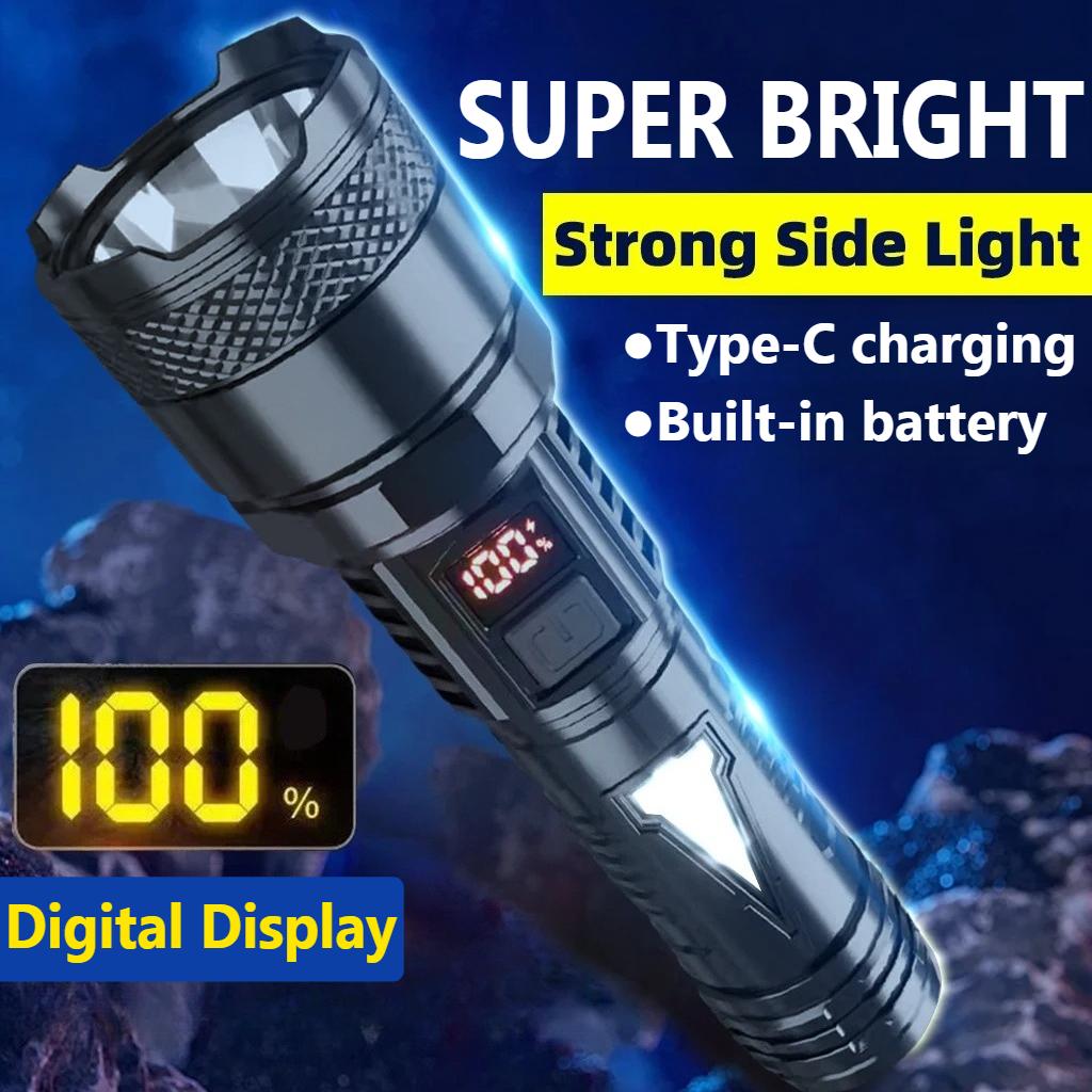 Улучшенный сверхъяркий фонарик с USB-подзарядкой, с боковой лампой, встроенным аккумулятором, фонарь для использования на открытом воздухе, в чрезвычайных ситуациях, в кемпинге