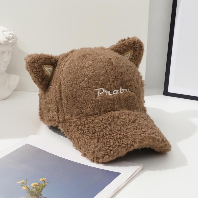 Осенне-зимняя бейсболка из овечьего меха, теплая и глубокая, регулируемый обхват головы, плюшевая бейсболка, милые мультяшные кошачьи ушки