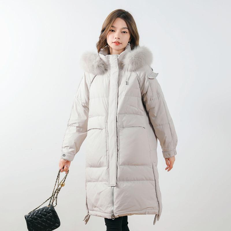 Feather 90 Down Women's Solid Color Hooded Medium and Long Women's Clothing Thickened Fox Fur White Duck Down Jacket