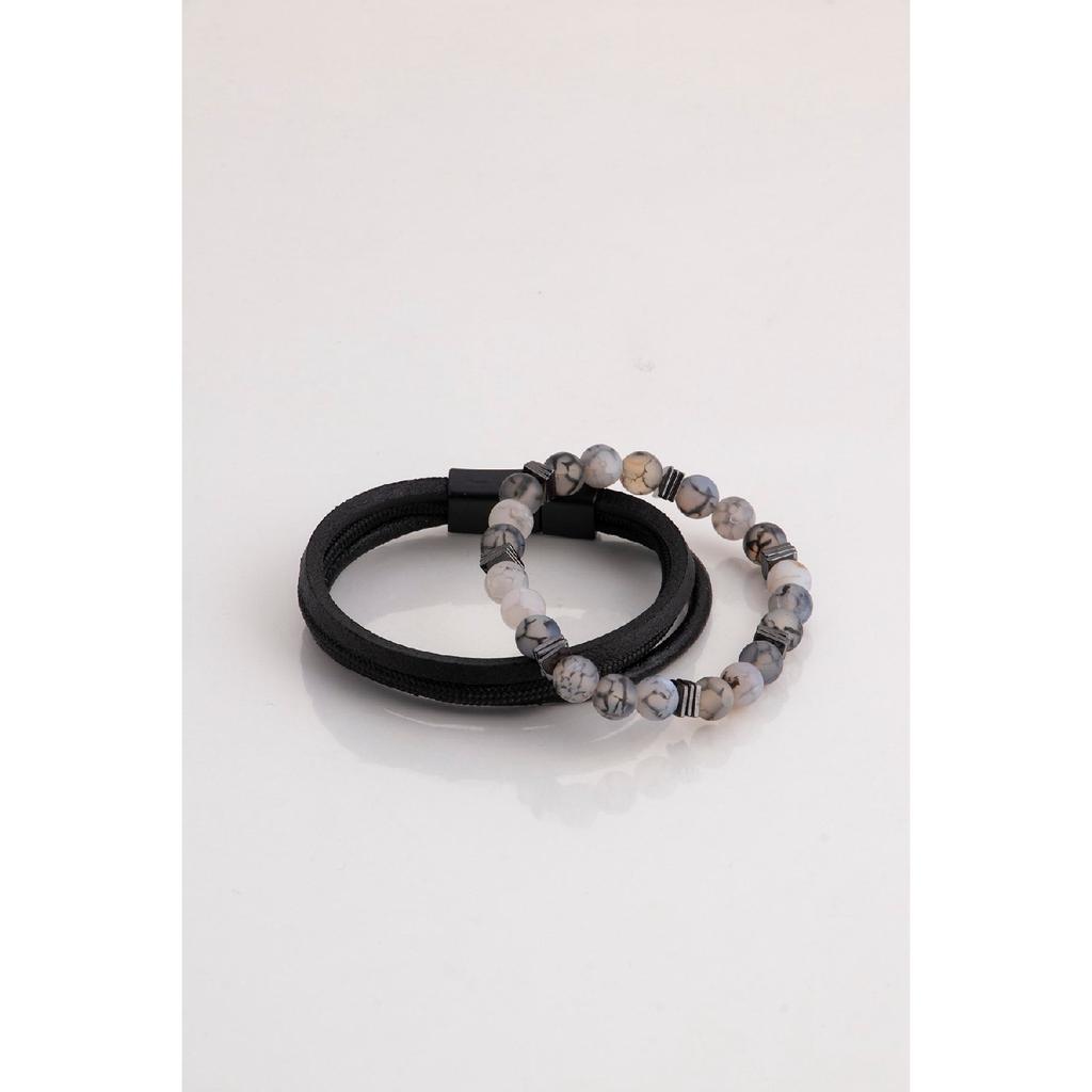 Мужской комбинированный браслет из черной натуральной кожи и гематита из натурального камня 001