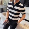 Летние мужские полосатые трикотажные рубашки поло, модные отложные воротники с коротким рукавом, мужские облегающие повседневные трикотажные футболки