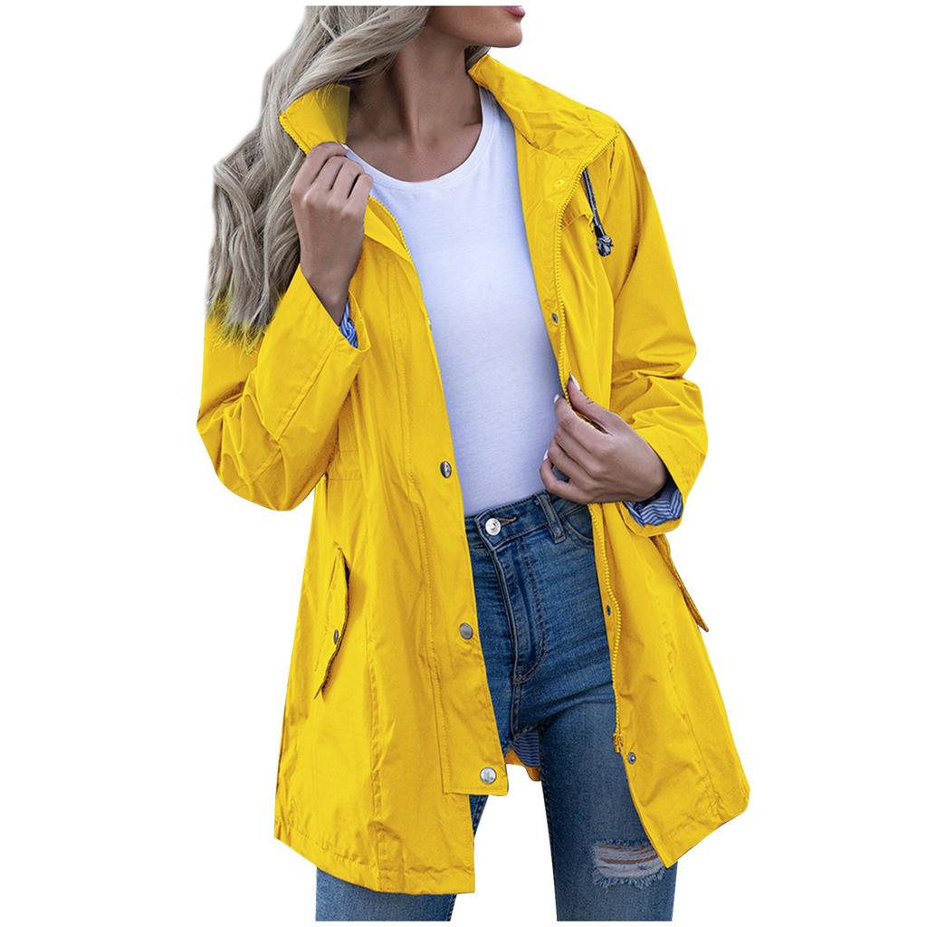 Women Hooded Waterproof Zipper Mid-length Windproof Waterproof Raincoat Jacket