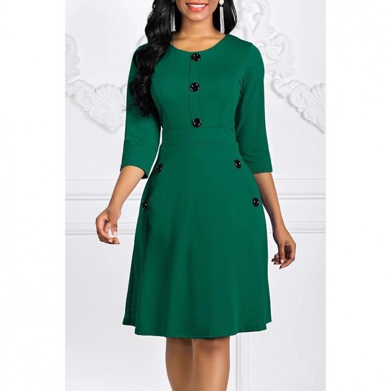 Plus Size Womens Solid Color A-Line Dress With Round Neck 3/4 Sleeve Buttoned Waist Knit Fabric