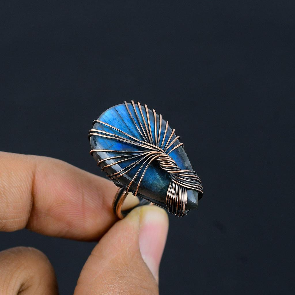 Tree Of Life Labradorite Gemstone Copper Wire Wrapped Handmade Jewelry Ring For Gift
