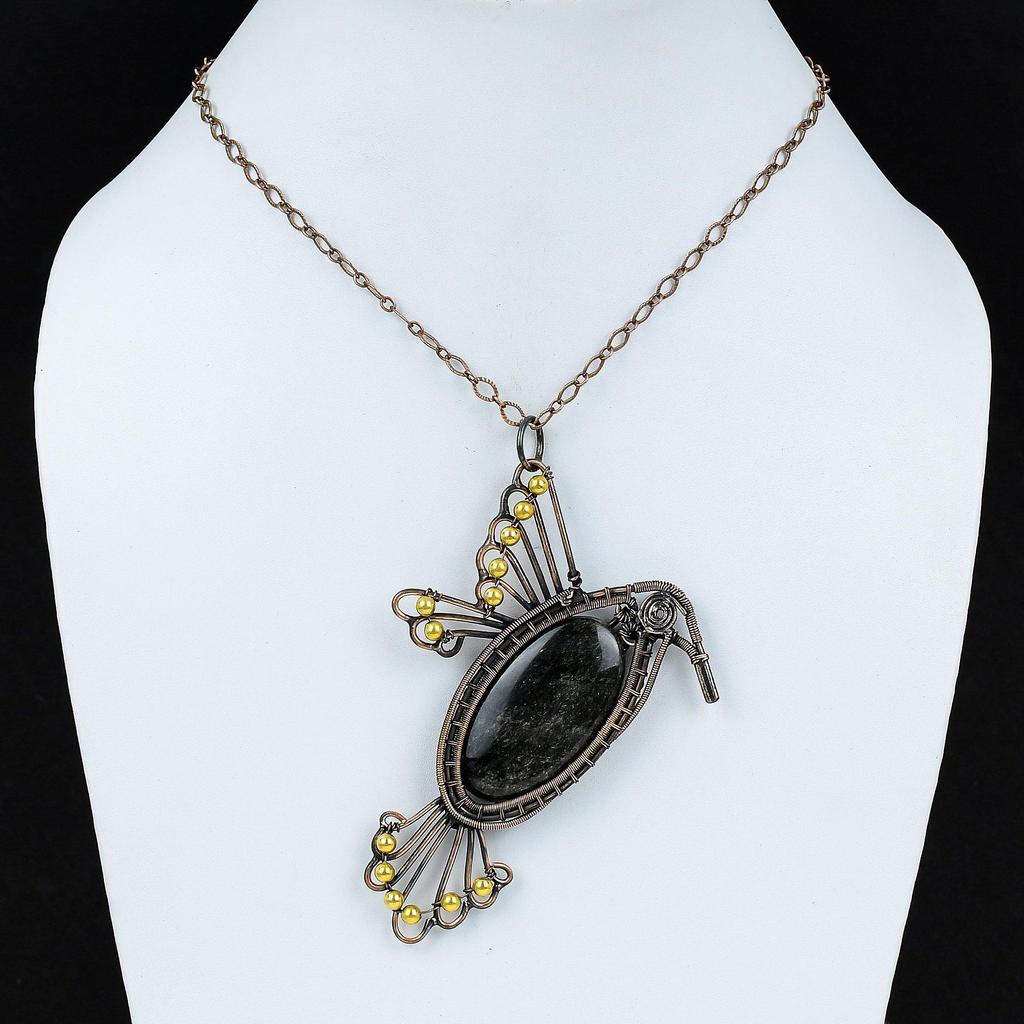 Серебряный блеск обсидиановый кулон Медная проволока Кулон ручной работы Подвеска из настоящего драгоценного камня Птица Кулон Медная проволока Ювелирный подарок для него
